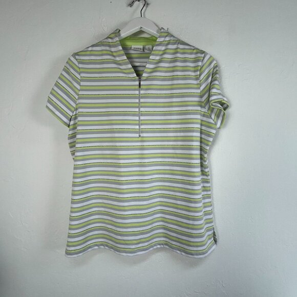 Zenergy Golf By Chico's Striped Short Sleeve 1/4 Zip Polo Shirt Top Size 2 Green - Picture 1 of 8